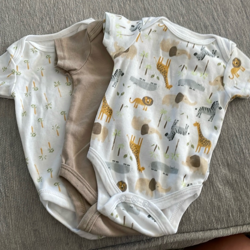 Set of (3) onesies Size 3-6 months (Palm Trees, Zoo animals and plain tan)